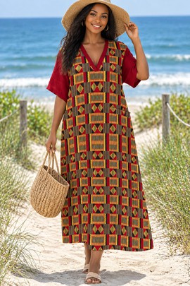 Robe midi ample à col en V pour femme à motif Kente africain | Mode Kente | Bynelo