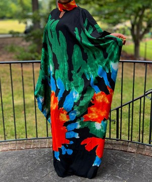 Black Multicolor Oversized Collared Halter Maxi Kaftan Dress