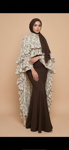 Robe longue modeste et élégante marron coupe sirène avec cape à volants floraux