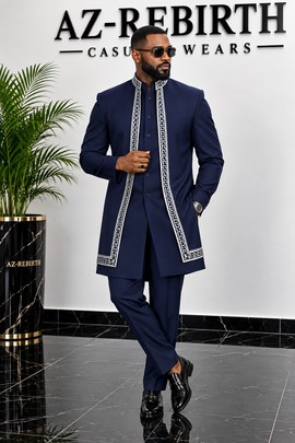 Costume africain de luxe trois pièces – bleu marine