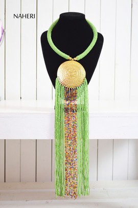 African beaded green necklace | African Jewelry | Romantic tribal fringe neck piece | Gift for her