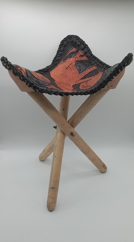 Handcrafted Wooden Stool with Leather Seat, African Carved Chair, Decorative Accent Seat