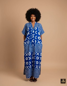 Blue Adire Maxi Kaftan Dress