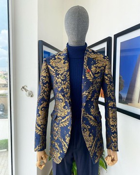 A Notch lapel gold and blue “Mandarin” jacquard floral blazer suit