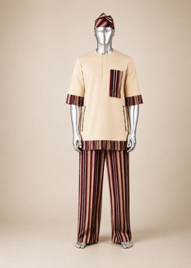 Men's Cream Senator Wear with Maroon Striped Trim &amp; Cap – 3-Piece Native Outfit
