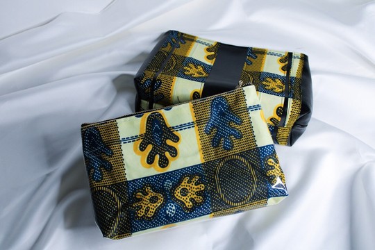 Cosmetic Toiletries Travel &amp; Wash Bag - Vegan Leather &amp; Ankara African Print Fabric - yellow &amp; Blue