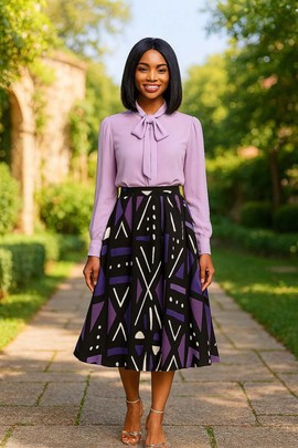 Jupe bogolan à imprimé africain | Longueur midi, coupe évasée, violette