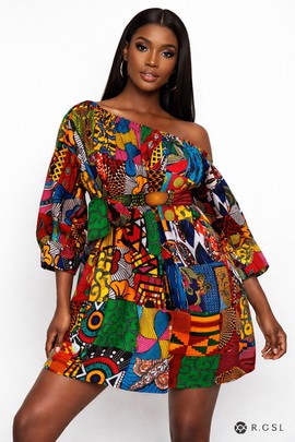 Patchwork Off Shoulder Ankara Dress