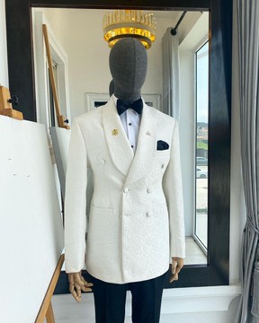 A “Classic” ivory double breasted floral jacquard shawl lapel blazer suit