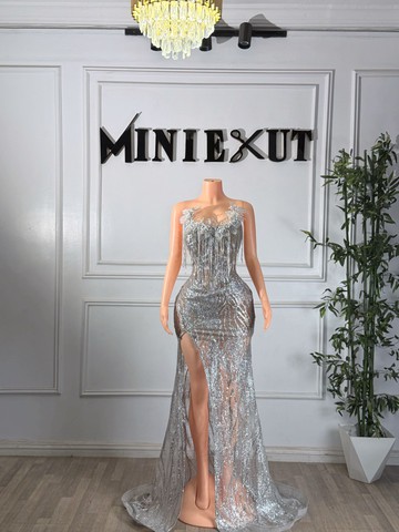 Robe de bal argentée, robe brillante argentée, robe longue argentée