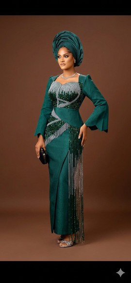 Deep Teal and Silver Embellished Aso Oke Corset Gown