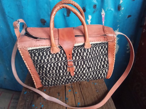 Femmes africaines en cuir marron épaule / sac à main / sisal