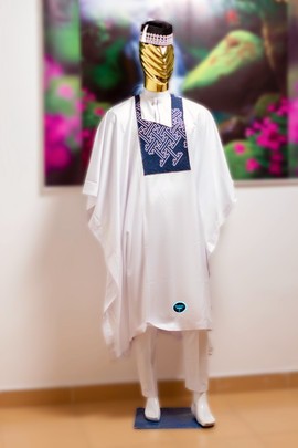 Manuel Fashion White Agbada with Blue Patterned Panel