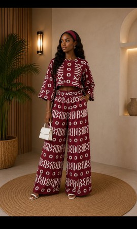 Burgundy Ankara Print Crop Top &amp; Wide-Leg Pants Set – Women's Tribal Print Two-Piece Co-ord