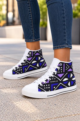 Tribal Bogolan Women's Classic High Top Canvas Shoes Purple | African Mudcloth High Top Sneakers