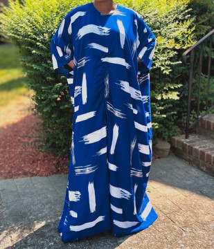 Blue and White Oversized Front Slit Maxi Kaftan Dress