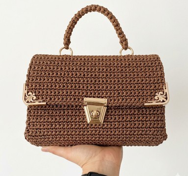 Handmade Crochet Satchel Bag — Structured Brown Knit Handbag