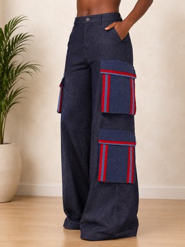 Women's Denim Wide-Leg Cargo Trousers – Aso Oke Trim Contrast Pocket Pants