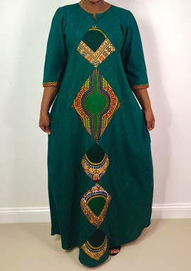 Forest Green Dashiki Print Detail Maxi Notch Neck Dress