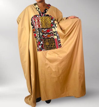 Khaki Brown Maxi Oversized Kaftan Dress with Tribal Print Multicolor Front Collar Detail