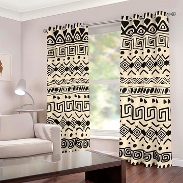 Tribal African Mud Cloth Curtains Beige Grommet (Two-Piece) (LARGER SIZES AVAILABLE)