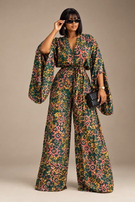 Combinaison femme à jambes larges en imprimé africain avec manches kimono