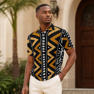 Geometric Cowrie Shell Pattern Men's Heavyweight Polyester Polo Shirt | Cowrie Fashion