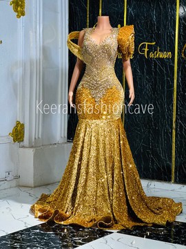 Gold prom cape dress, prom gowns, engagement dress
