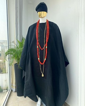 A charcoal black aso oke agbada with box patter embroidery design