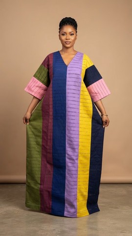 Robe longue à motifs bleus et marrons