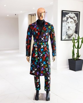 A Charcoal Black “Bikers” leather Jacket with X multicolor double-breasted layered trench