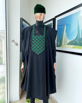 A charcoal black, redundant flame embroidery detailing, matching ss30 Swarovski stones agbada
