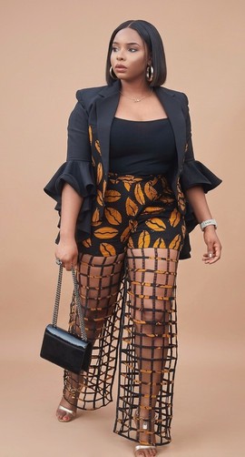 Ensemble africain Ankara 3 pièces : short imprimé élégant, pantalon à carreaux transparent et blazer à manches à volants