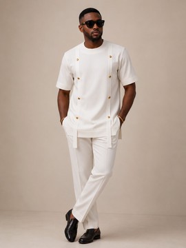 Ensemble homme haut à manches courtes et pantalon blancs – Tenue deux pièces crème avec bordure de boutons dorés