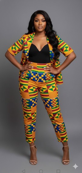Ensemble blazer et pantalon chic à imprimé kente