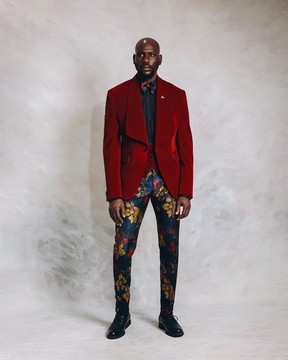 A Mahogamy red “downtown” velvet shawl lapel suit