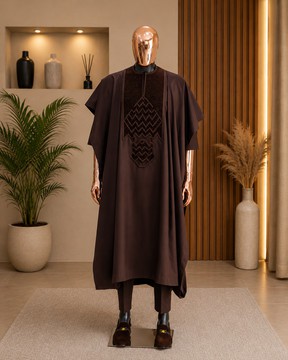 Men's Dark Brown Cotton Agbada Set with Velvet Chevron Embroidered Panel