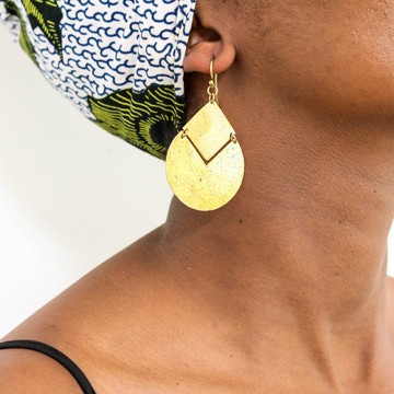 Handmade African Brass Drop Earrings for Women – Textured Gold Tone Teardrop Statement Earrings