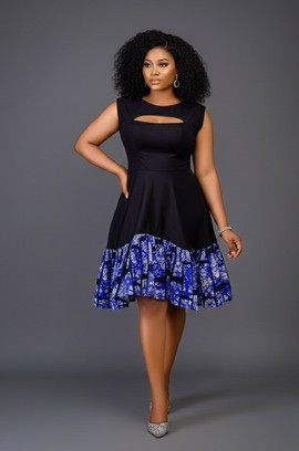 Black Dress with Blue Floral Ankara Skirt Detailing