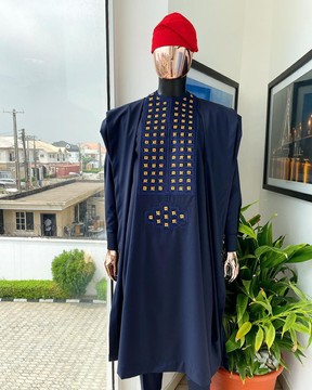 A reloaded midnight blue, connected square embroidery design Agbada