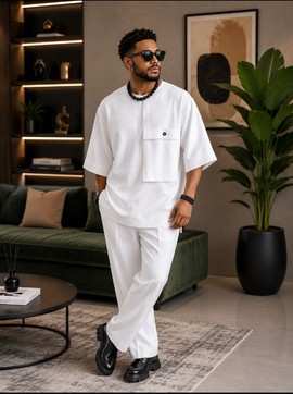 Ensemble de tenue sénateur blanche pour homme – 2 pièces oversize avec haut à poche cargo et pantalon