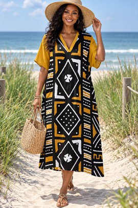 Robe midi ample à col V en bogolan ancien pour femme | Mode à imprimé africain | Bynelo