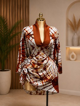 "Women's Rust &amp; White Adire Print Mesh Wrap Dress with Satin Collar