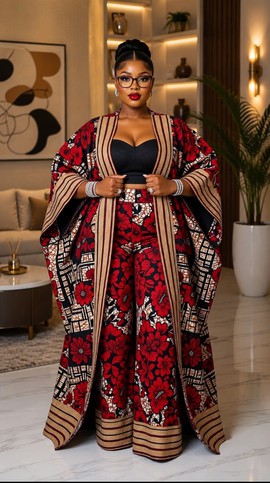 Ensemble féminin kimono long et pantalon large à imprimé Ankara rouge et noir