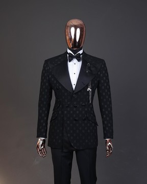 An Inverted “Pirate”, knitted, charcoal black with distributed square pattern jacquard suit.