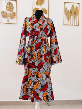 Robe kimono en wax - fleurs de mariage rouges