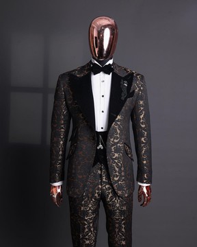 A Gold and black mandarin metallic floral jacquard, peak lapel tuxedo suit.