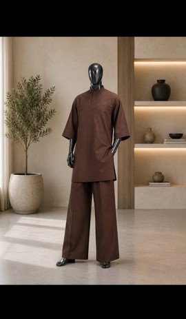 Ensemble sénateur marron pour homme – Haut à manches courtes et col mao avec pantalon à jambes larges