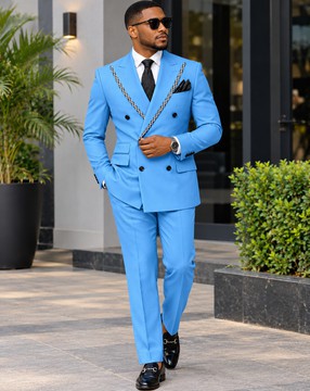 Costume bleu ciel croisé pour homme avec revers à carreaux – Costume habillé deux pièces ajusté