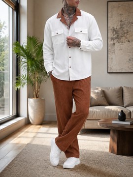 "Men's Textured Two-Piece Outfit Set – White Camp Collar Overshirt &amp; Rust Orange Trousers